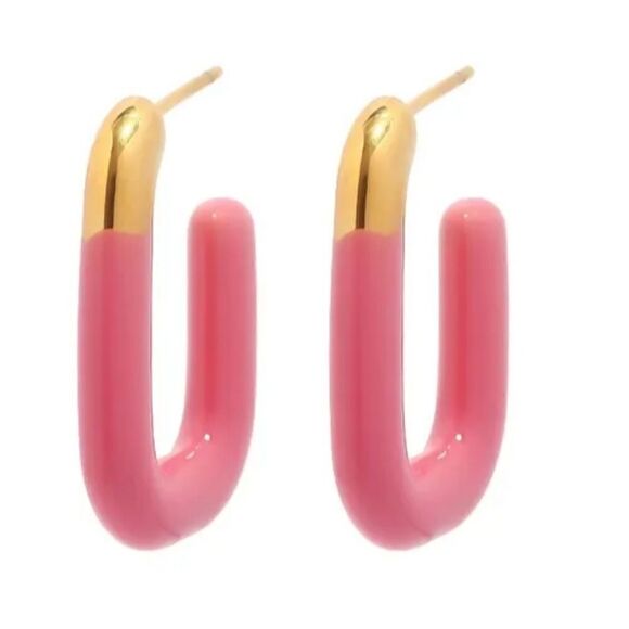 Vintage Hand Dipped Pink U-shaped Open Earrings 18k Gold Plated Stainless Steel - Picture 1 of 3